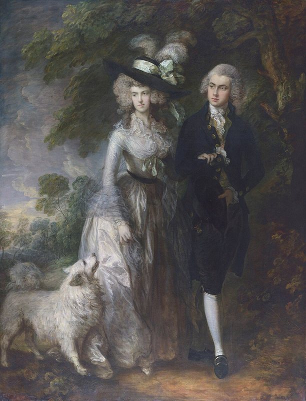 Ranní procházka od Thomase Gainsborougha, 1785 – mladý pár kráčí ruku v ruce lesem, vedle nich bílý špic