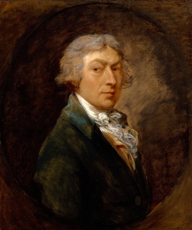 Autoportrét Thomase Gainsborougha z doby kolem roku 1787 – starší muž s napudrovanými vlasy a bílým šátkem na krku v tmavém oválu