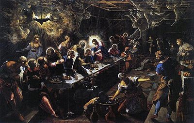 Poslední večeře od Tintoretta, 1592–1594 – dlouhý stůl ubíhá šikmo do hloubky, nad apoštoly se vznášejí průsvitní andělé ve světle lampy