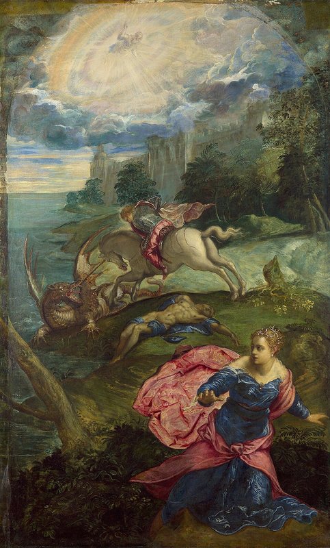 Svatý Jiří a drak od Tintoretta, kolem 1555 – princezna v růžovém plášti utíká k divákovi, v pozadí rytíř na koni probodává draka