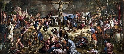 Ukřižování od Tintoretta, 1565 – široké plátno s Kristem na kříži uprostřed a davem lidí, vojáků a koní kolem