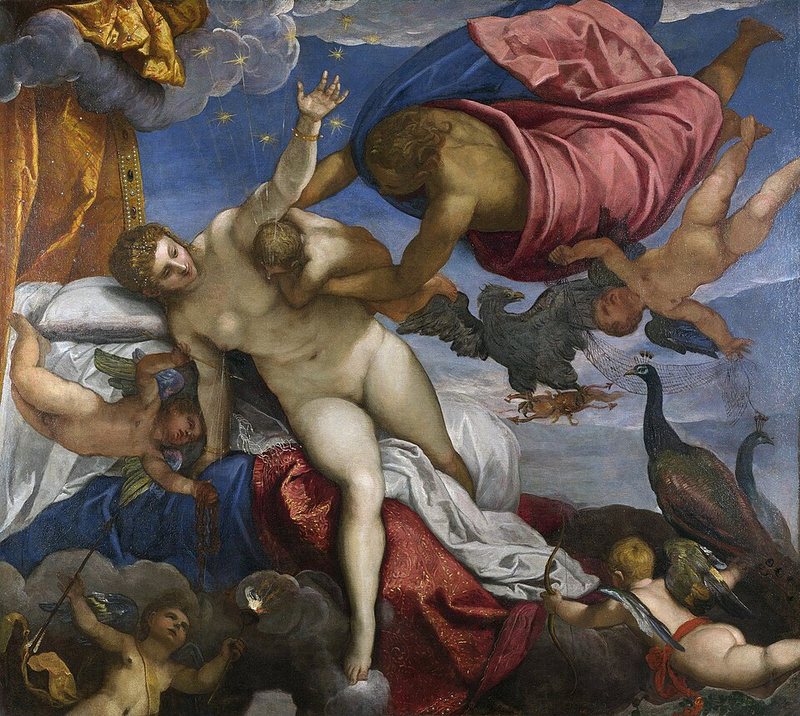 Vznik Mléčné dráhy od Tintoretta, kolem 1575 – Jupiter přikládá malého Herkula k prsu spící Juno, z jejího prsu tryskají proudy mléka, které se mění ve hvězdy