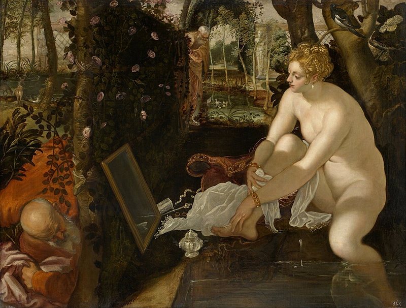 Zuzana a starci od Tintoretta, kolem 1555–1556 – nahá Zuzana se u vody prohlíží v zrcadle, za živým plotem ji pozorují dva starci