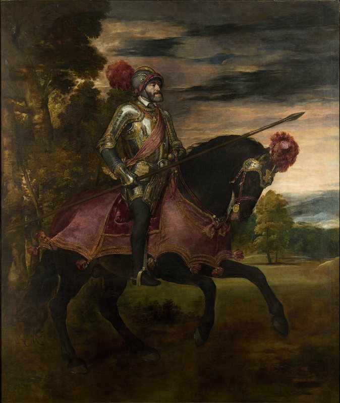 Jezdecký portrét Karla V. od Tiziana, 1548 – císař v lesklém brnění s kopím na koni v krajině za soumraku