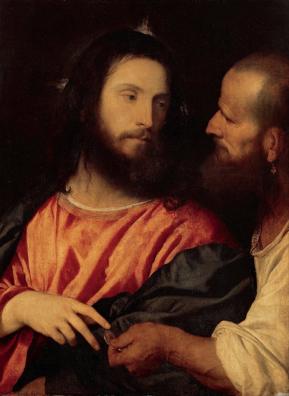 Peníz daně od Tiziana, kolem 1516 – Kristus v červeném šatu hledí na muže, který mu podává minci