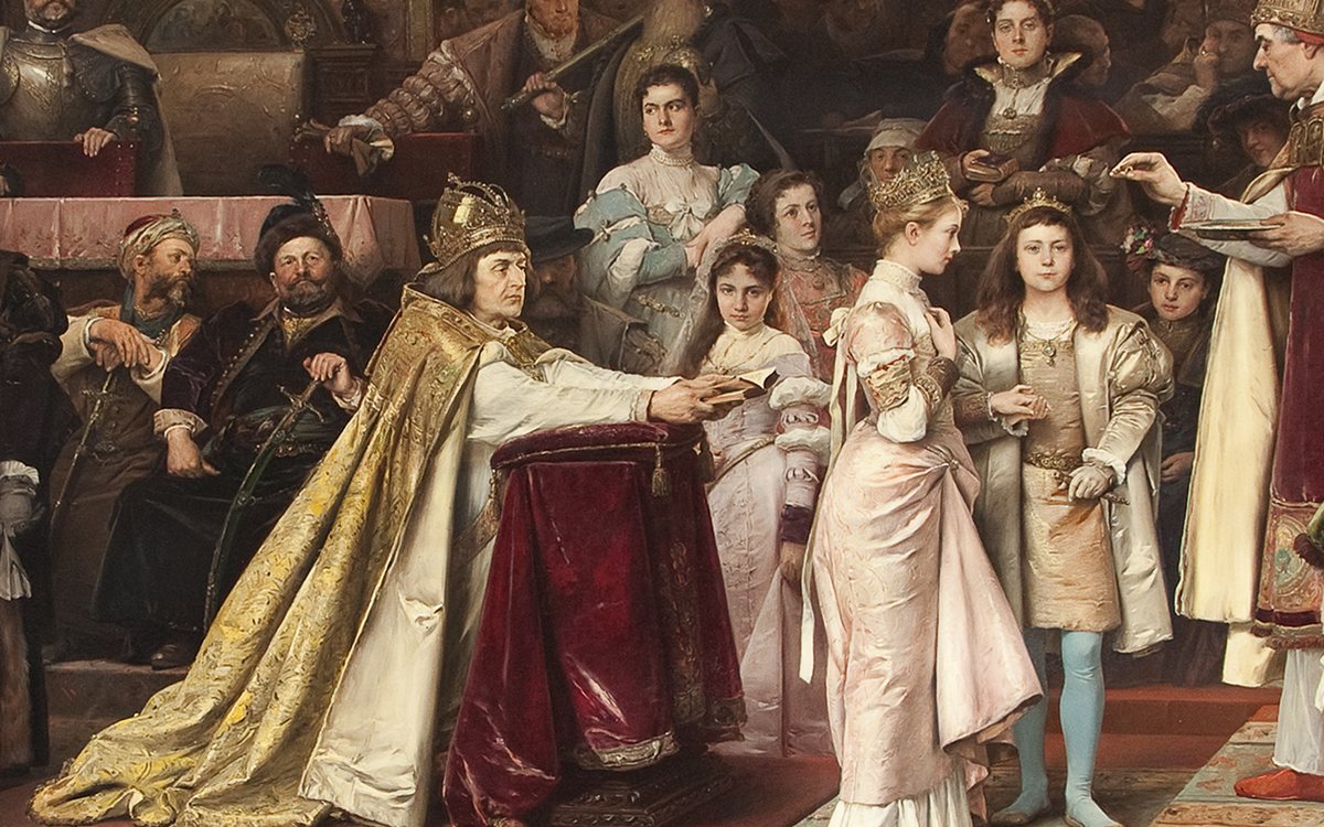 Detail obrazu Tu felix Austria nube: císař Maxmilián ve zlatém plášti klečí před dívkou v růžových šatech