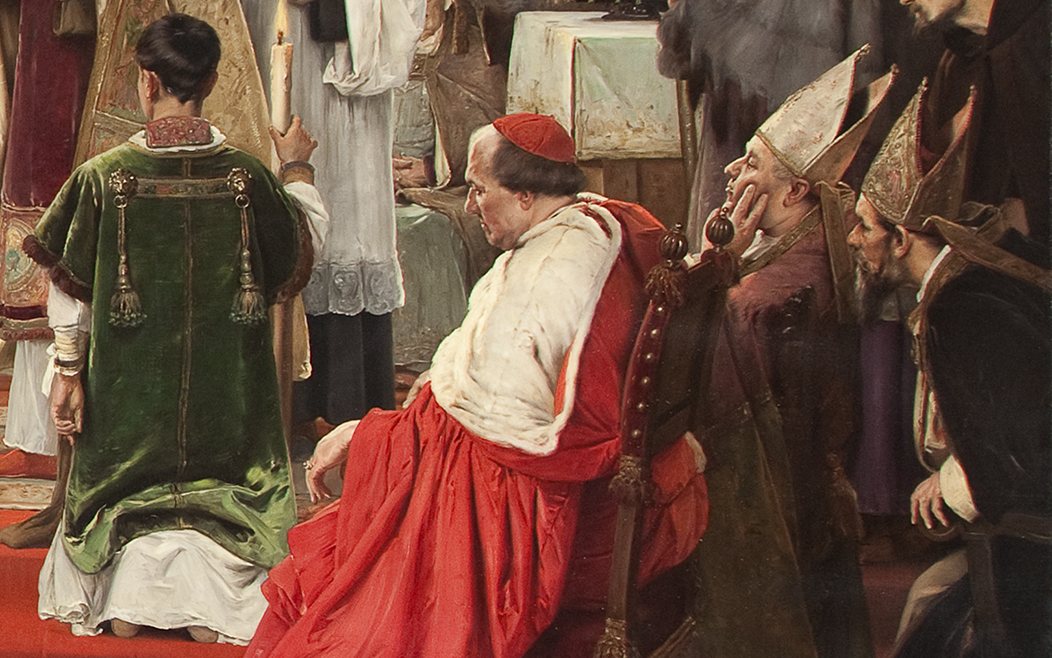 Detail obrazu Tu felix Austria nube: kardinál v červeném sedí v křesle, před ním klečí mladík v zeleném