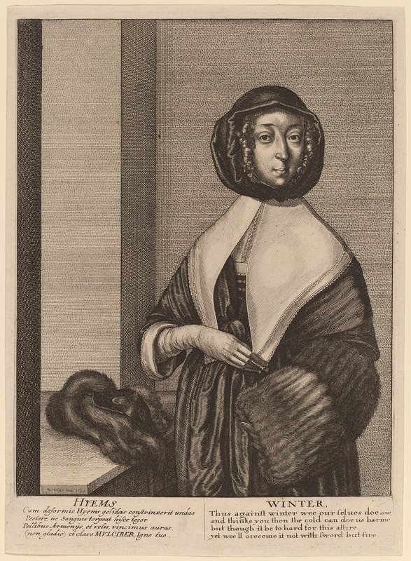 Zima od Václava Hollara, 1641 – lept ženy v kápi a kožešině s rukávníkem