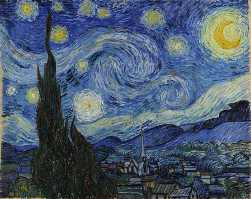 Hvězdná noc od Vincenta van Gogha, 1889 – noční krajina s vířící oblohou, měsícem a cypřišem
