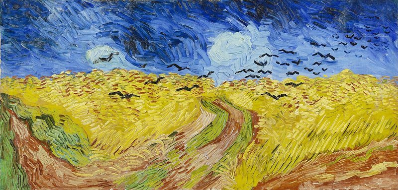 Pšeničné pole s havrany od Vincenta van Gogha, 1890 – zlaté obilí pod tmavou bouřkovou oblohou s černými ptáky