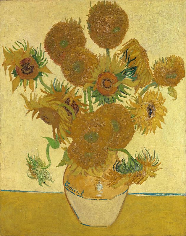 Slunečnice od Vincenta van Gogha, 1888 – žluté slunečnice ve váze na žlutém pozadí
