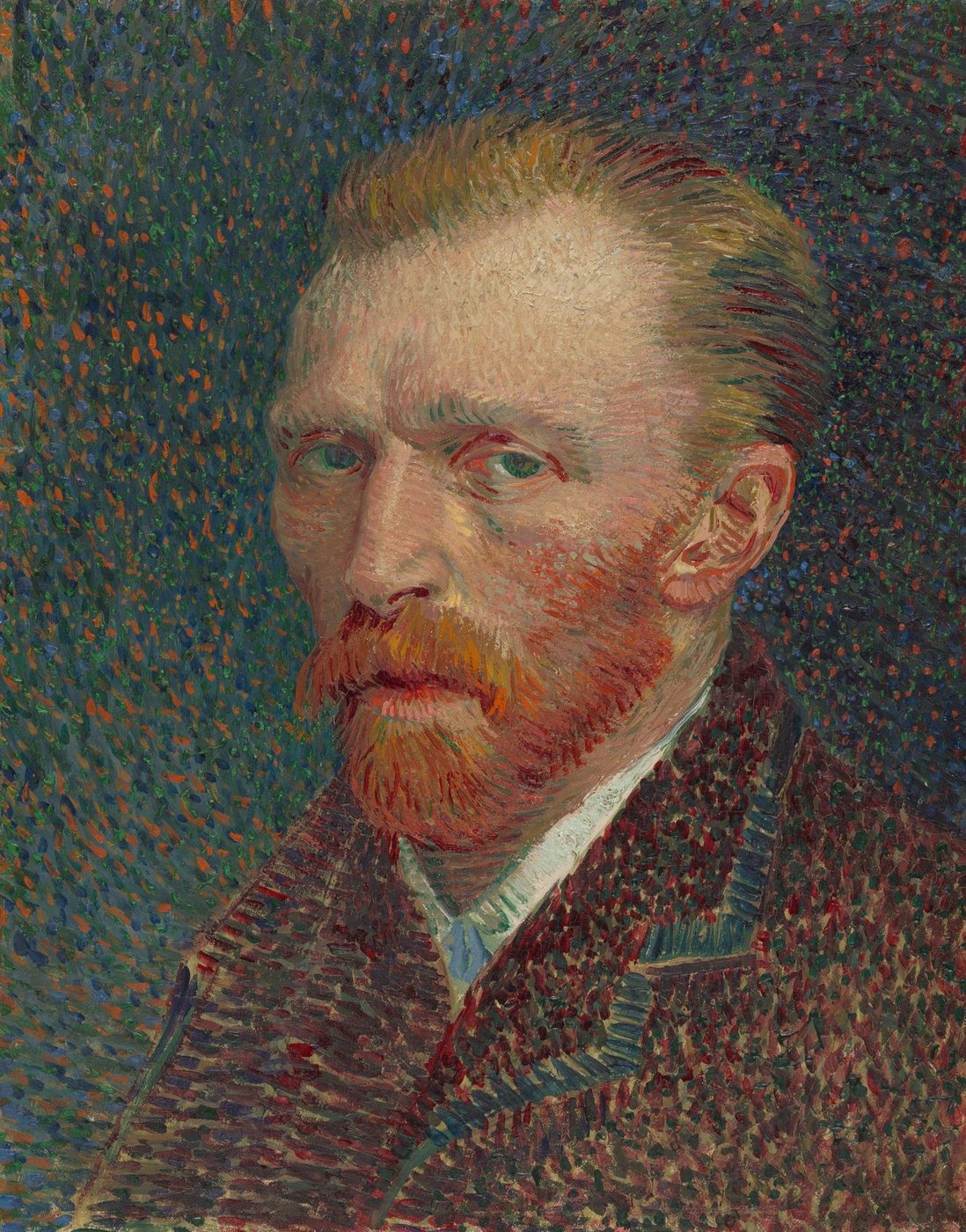 Autoportrét Vincenta van Gogha z roku 1887 – malíř v tmavém kabátě, tvář a vousy složené z krátkých barevných tahů