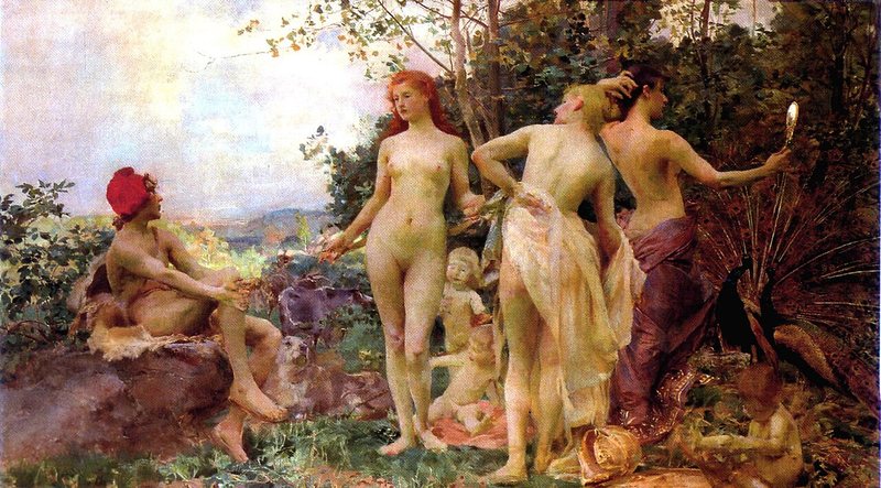 Paridův soud od Vojtěcha Hynaise, 1892 – tři nahé bohyně v zahradě před Paridem, který sedí vlevo v červeném turbanu