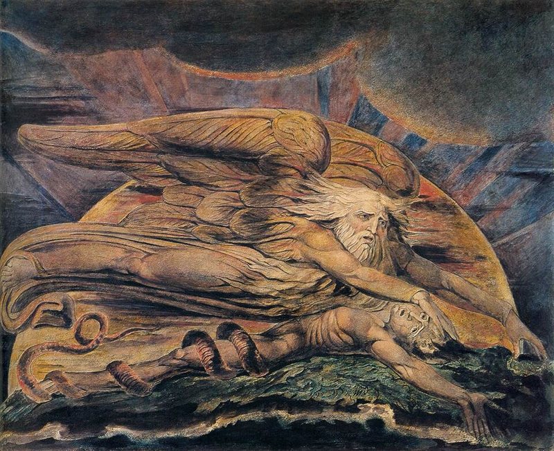 Elohim tvoří Adama od Williama Blakea – okřídlený Bůh se vznáší nad ležícím Adamem, kolem jehož nohy se ovíjí had