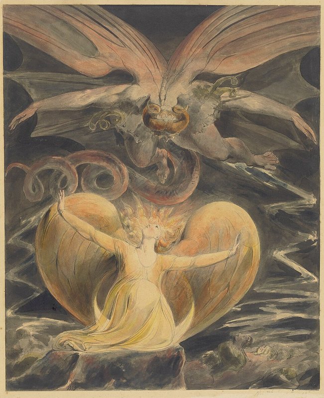 Velký rudý drak a žena oděná sluncem od Williama Blakea, kolem 1805 – obrovský drak s roztaženými křídly se sklání nad ženou zalitou světlem