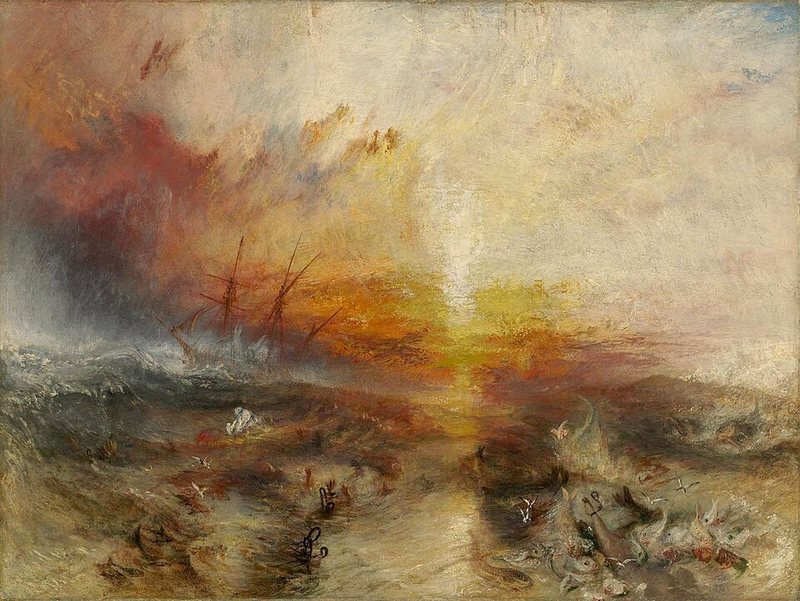 Otrokářská loď od Williama Turnera, 1840 – rozbouřené moře v rudém a zlatém světle zapadajícího slunce, v dálce loď