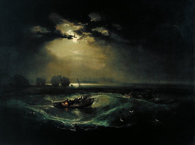 Rybáři na moři od Williama Turnera, 1796 – malá rybářská loďka na tmavých vlnách v měsíčním světle