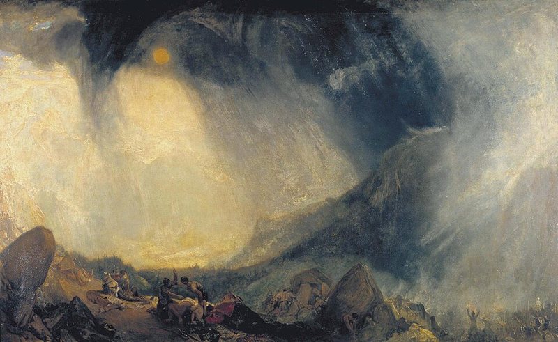 Sněhová bouře: Hannibal a jeho vojsko přecházejí Alpy od Williama Turnera, 1812 – obrovský tmavý vír sněhových mraků nad malými postavami vojáků