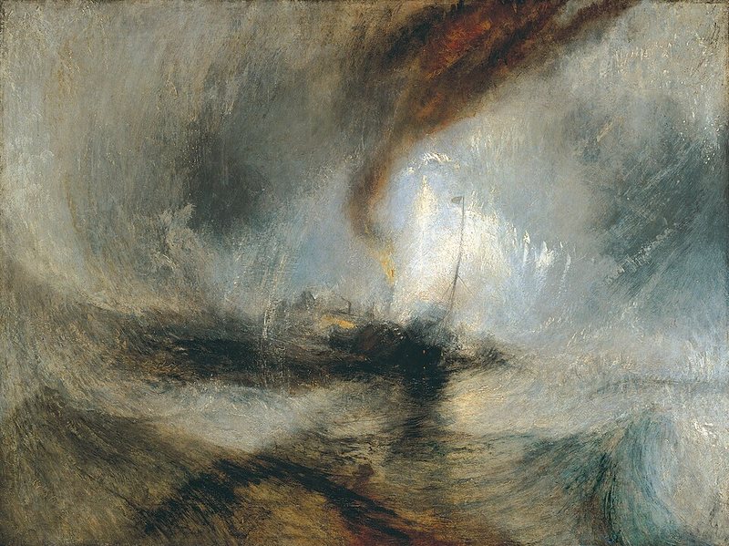 Sněhová bouře – parník u vjezdu do přístavu od Williama Turnera, 1842 – loď uprostřed víru vln, sněhu a kouře
