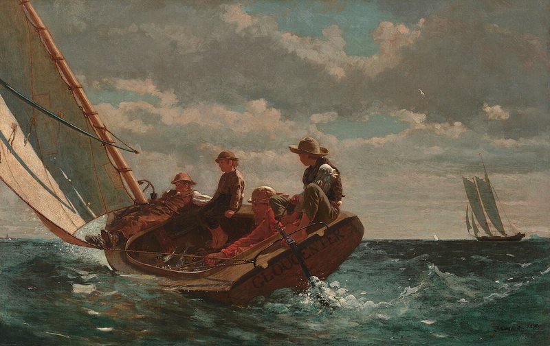 Čerstvý vítr od Winslowa Homera, 1873–1876 – muž a tři chlapci v nakloněné plachetnici na zvlněném moři
