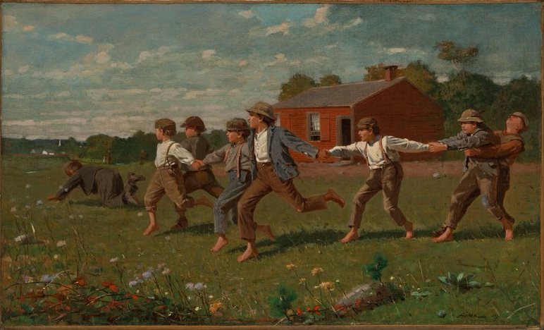 Prásknutí bičem od Winslowa Homera, 1872 – řada chlapců se drží za ruce a běží po louce před školou