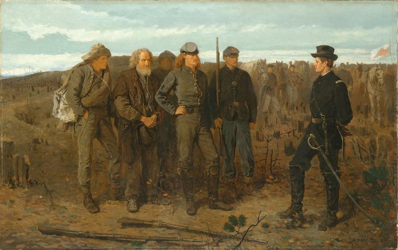 Zajatci z fronty od Winslowa Homera, 1866 – důstojník Unie stojí proti třem zajatým vojákům Konfederace na zpustošeném bojišti
