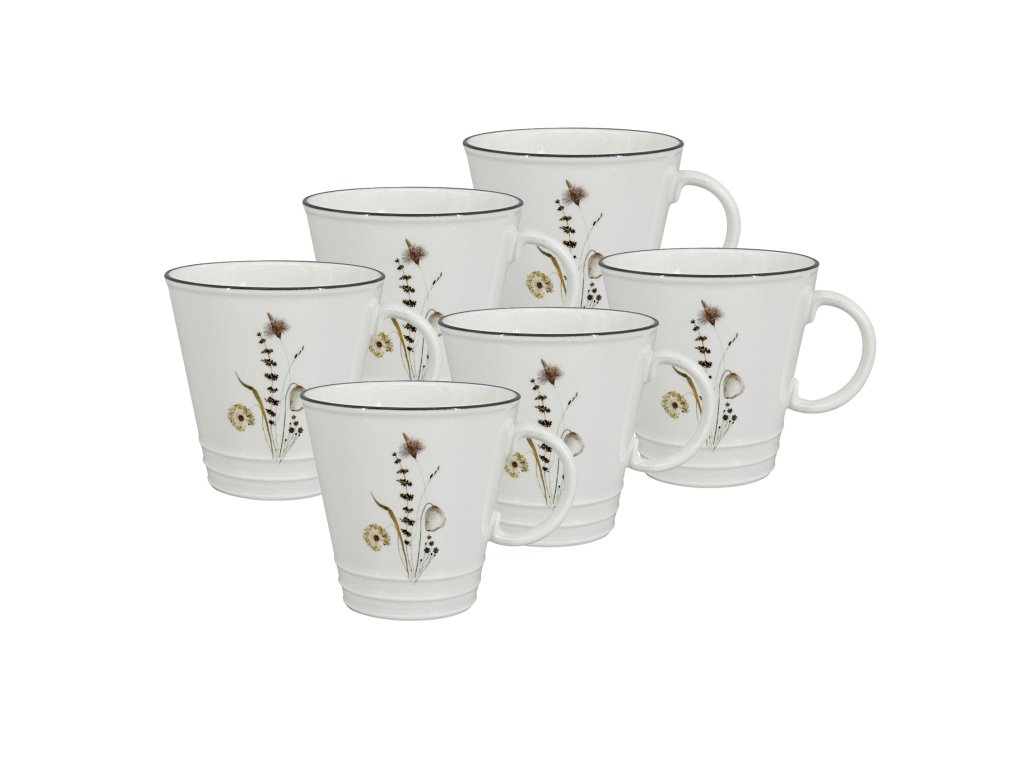 Porcelánový hrnek Nostalgie Meadow 350 ml – sada 6 ks, jemný květinový dekor, šedý lem, vintage styl inspirovaný smaltovaným nádobím.