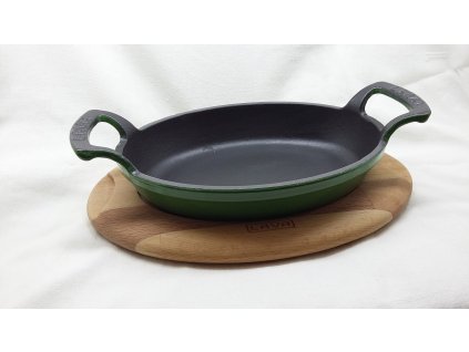 1599 1599 litinova panev 19x14 cm s drevenym podstavcem zelena