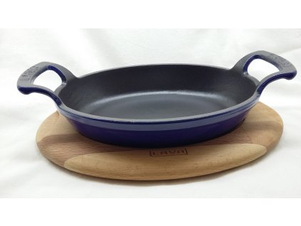 1602 1602 litinova panev 19x14 cm s drevenym podstavcem modra