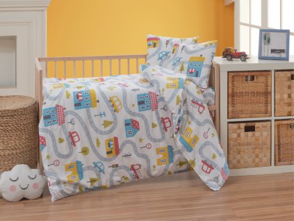 Krepové dětské povlečení do malé postýlky 90x135, 45x60 cm Městečko (Zapínání nitěný knoflík)