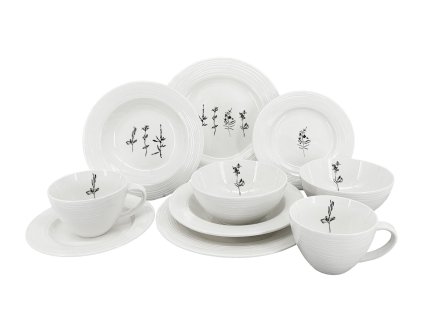 10dílná porcelánová souprava Croft Wild (talíře, misky, hrnky) s embosovanými okraji a jemným dekorem lučních květin. Nadčasová elegance pro každý stůl.