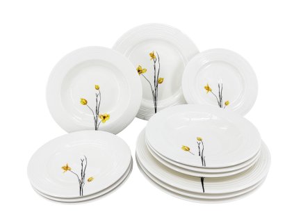 12dílná porcelánová jídelní sada Croft Spring s květinovým dekorem a embosovaným povrchem. Nadčasová elegance pro každý stůl.