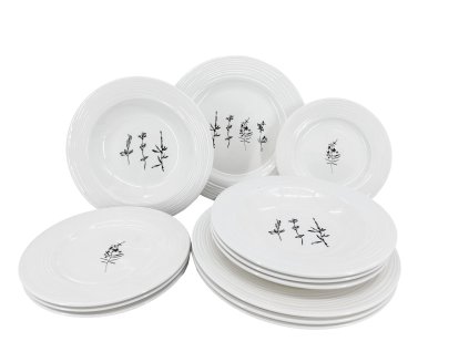 12dílná porcelánová jídelní sada talířů Croft Wild, elegantní bílý porcelán s embosovanými okraji a s černým dekorem květin.