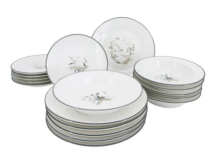 18dílná jídelní souprava Nová Vánoční Nostalgie s upraveným dekorem 2025. Smetanový porcelán s vánočními motivy a šedým lemem pro sváteční stolování.