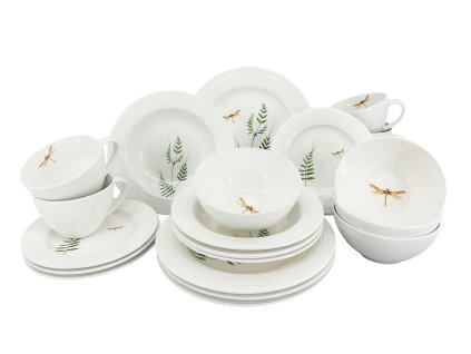 20dílná porcelánová souprava Croft Vážka (talíře, misky, hrnky) – Komplexní jídelní set s přírodní inspirací, decentní dekor vážky a zelených listů sjednocuje celou kolekci.