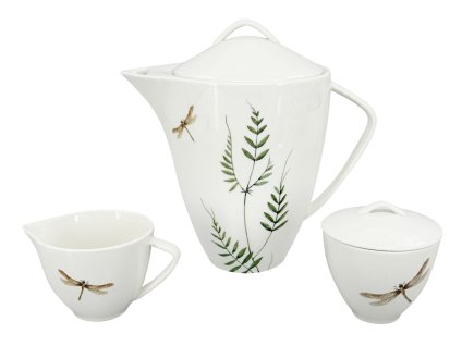 Čajová porcelánová souprava Vážka (Konvice 1600 ml, mléčenka 150 ml, cukřenka 150 ml) – Luxusní čajová sada se zelenými motivy listů a jemnými vážkami, perfektní pro elegantní stolování.
