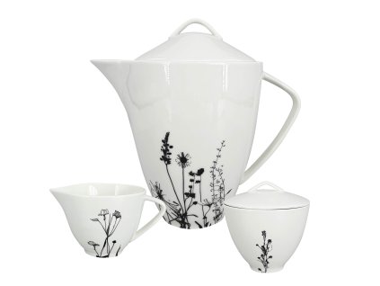 Set na čaj Garden -  porcelánový, konvice objem 1,6 l, cukřenka objem 150 ml, mléčenka objem 150 ml, bílá s černým dekorem lučního kvítí a travin.