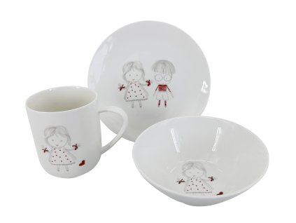 Dětská porcelánová jídelní sada Little Girl – sada talíře s motivem holčičky a kamaráda, misky a hrnku s holčičkou. Česká značka by inspire.