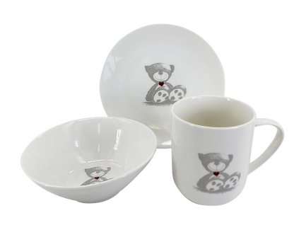 Dětská porcelánová jídelní sada Teddy – porcelánový talíř, miska a hrnek s motivem medvídka. Česká značka by inspire.