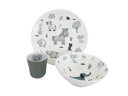 Dětská jídelní sada EKO FARMA – porcelánový talíř a miska se zvířátky a keramický pohárek v šedomodré barvě, ideální velikost pro děti.