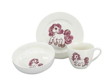 Dětský jídelní set Pony, 3 ks - talíř ø 20cm, miska ø 14cm, šálek o objemu 220 ml, materiál porcelán, barva bílá, růžový dekor poníka.