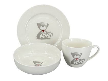 Dětský jídelní set Teddy, 3 ks - talíř ø 20cm, miska ø 14cm, šálek o objemu 220 ml, materiál porcelán, barva bílá, dekor medvídka.