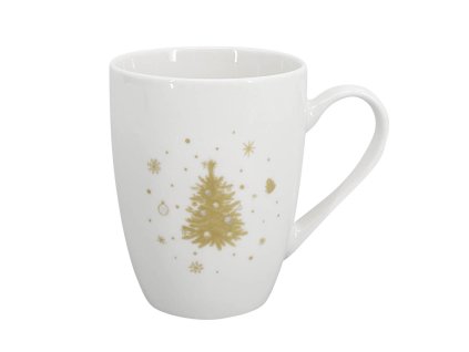 Hrnek Zlatá Koleda – porcelán, bílý se zlatým dekorem, 350 ml, elegantní design s vánočním motivem stromečku.