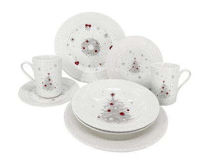 Jídelní sada talířů, 8 ks, bílá s vánočním dekorem, materiál porcelán, složení - 2 ks mělký talíř, 2 ks dezertní talíř, 2 ks polévkový talíř, 2 ks hrnek 350ml