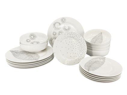 Jídelní sada talířů, 18 ks, bílá s šedým dekorem, materiál porcelán, složení - 6 ks mělký talíř, 6 ks dezertní talíř, 6 ks polévková miska