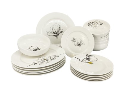 Jídelní sada talířů, 18 ks, bílá s dekorem magnolie, materiál porcelán