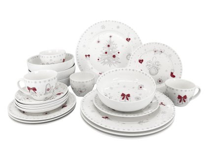 Jídelní vánoční souprava, 16 ks, bílá s vánočním dekorem, materiál porcelán