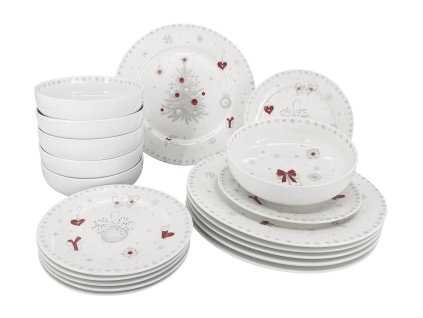 Jídelní sada talířů, 18 ks, bílá s vánočním dekorem, materiál porcelán