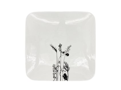 Mělký porcelánový talíř Carré, hranatý, bílý s černým dekorem.