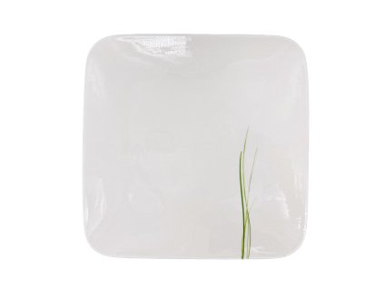 Mělký porcelánový talíř Carré, hranatý, bílý s dekorem trávy.